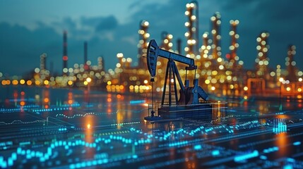 Oil rig, energy industry, nighttime refinery, financial data overlay