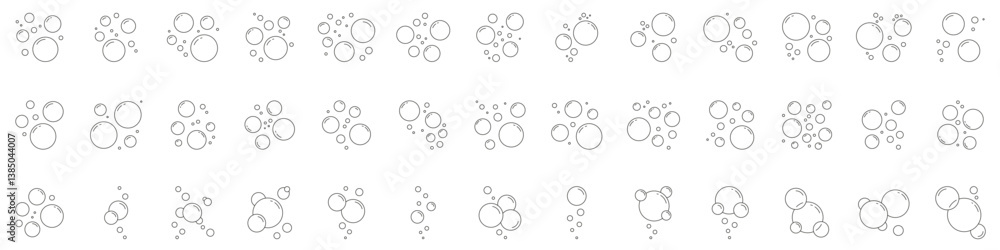 Poster soap bubbles line icon set. cluster of various sized floating soapy air bubbles outline symbol colle