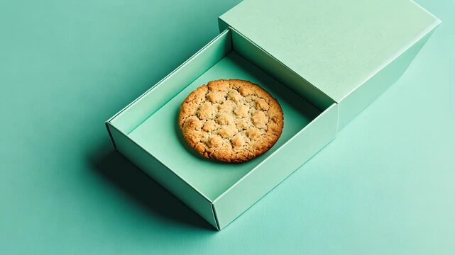 A Single Cookie in a Light Green Box on a Matching Surface