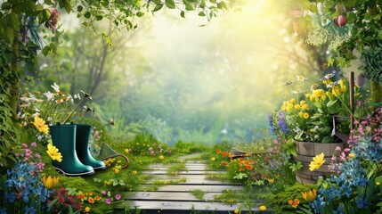 Fototapeta premium Gardening tools and green rubber boots on a wooden path surrounded by colorful flowers and lush vegetation in a sunny garden