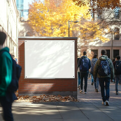 A clean poster mockup on a college campus bulletin board with students walking by