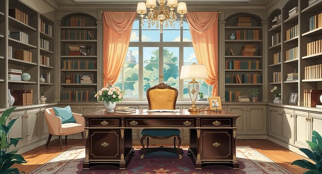 exquisite study room with a large desk and tasteful decor anime cartoon style illustration artwork design background