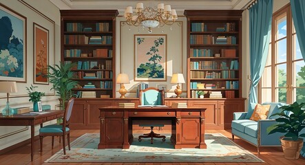 exquisite study room with a large desk and tasteful decor anime cartoon style illustration artwork design background
