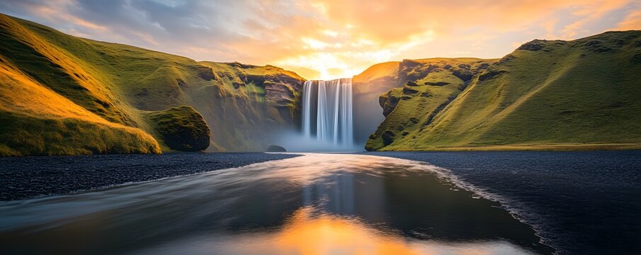 Waterfall cascading between green hills with a bright sunset or sunrise sky.