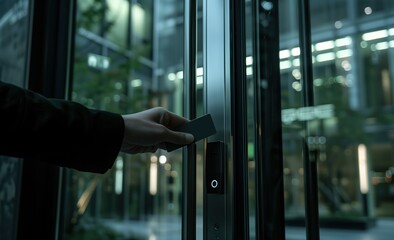 Professional woman swiping keycard, accessing sleek corporate entrance with electronic glass door mechanism