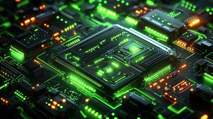 Obraz premium High-Tech Circuit Board with Green and Orange Elements Representing Advanced Technology Concept