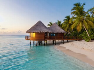 Fototapeta premium Curved wooden beach hut overlooking a tranquil turquoise lagoon at sunrise with palm trees swaying gently in the warm breeze