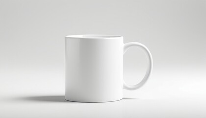 Fototapeta premium A white ceramic mug with a classic cylindrical shape stands on a light gray surface. Soft diffused light creates a shadow, highlighting the simplicity and elegance of the object.mockup