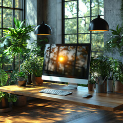 A desktop computer mockup in a modern office with plants and natural light