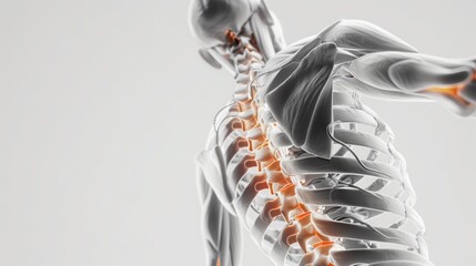 Medical 3D rendering showing painful spine structure, revealing vertebral distress and muscular inflammation with anatomical precision