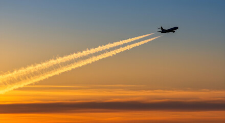  Commercial airplane soaring above clouds, leaving a contrail against a vibrant sunset sky.