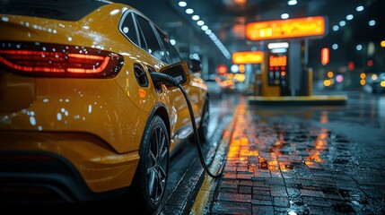 Night Charging: Electric Vehicle at a Modern Charging Station