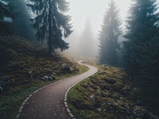 Winding trail through a misty alpine forest invites exploration and adventure in the soft morning light
