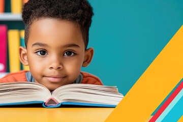 Young student engaged in reading inside a modern school library with colorful books and vibrant environment