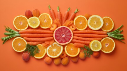 22.A creative composition with overlapping slices of papaya, orange, and grapefruit, paired with whole carrots and apricots, arranged symmetrically on a monochromatic orange backdrop.