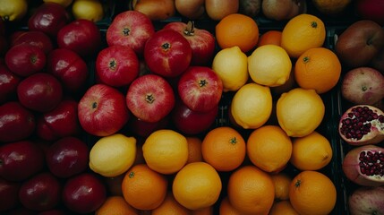 29.A close-up of a fruit rack in a market, highlighting the glossy surfaces of red apples and oranges, interspersed with pomegranates and lemons, under soft store lighting.
