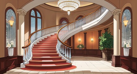 grand foyer with spiral staircase and crystal lighting fixtures anime cartoon style illustration artwork design background
