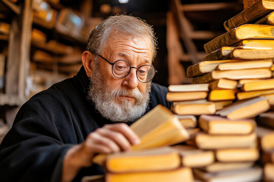Medieval scholar immersed in study surrounded by books in historical library setting