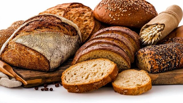 Artisan breads showcased on a wooden board, highlighting various textures and shapes, perfect for a bakery display, inviting and fresh