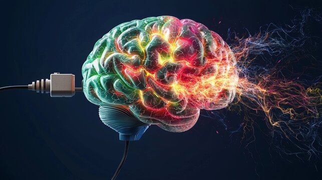 The concept of dopamine fasting and mental health is represented by a human brain with dynamic glowing electric currents, cables, and a wire connected to a plug on a dark background, highlighting the