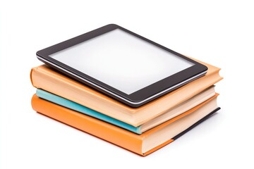 Modern digital reading with ultra thin e-reader on colorful book stack for innovative technology and education concepts