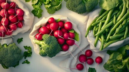 34.A top-down view of fresh vegetables, including broccoli, radishes, and green beans, stored in reusable fabric bags on a clean white table, with soft natural lighting highlighting their vibrant