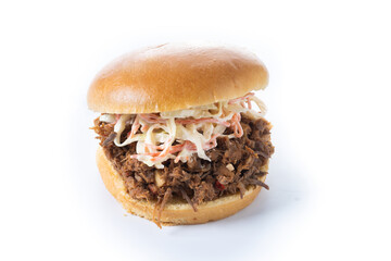 Pulled pork sandwich with coleslaw salad isolated on white background