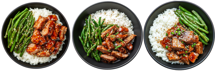Teriyaki beef with rice and green beans.