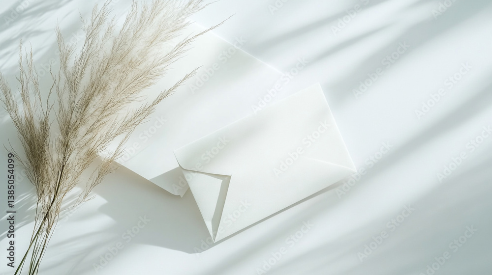 Poster a white envelope with pampas grass on a white surface with shadows creating a soft and elegant look
