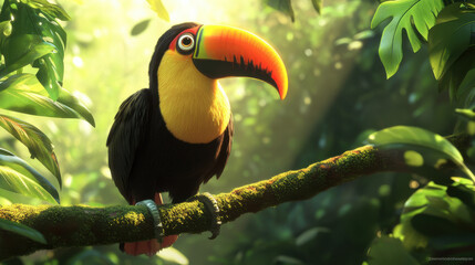 Obraz premium A toucan with vibrant plumage and a large yellow-orange beak on a jungle perch, surrounded by lively green leaves and sunbeams breaking through overhead trees, detailed bark texture