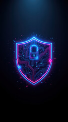 Cybersecurity neon sign icon shield lock circuitry protection.