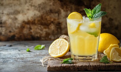 Fototapeta premium A glass of lemonade with ice cubes, lemon slices, and mint leaves, with lemons on a rustic surface background.