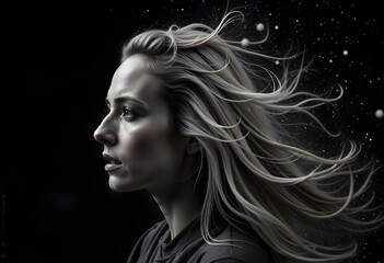 Fototapeta premium A white woman , 25 years old , long hair , disintegrating into dust , dark background