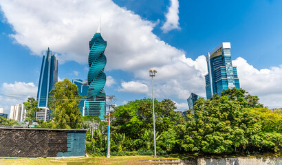 A view towards the financial district in modern Panama City in the morning in springtime