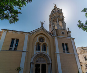 A backlit view of the Metropolitan Cathedral of Saint Maria the Ancient in old Panama City in the early morning in springtime