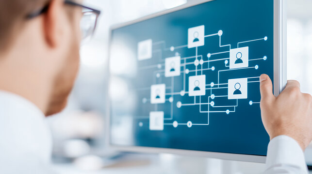 Businessman analyzing digital network connections on computer screen, showcasing modern technology and communication concepts