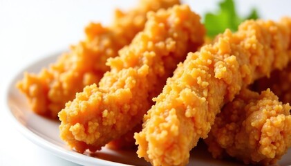 Close-up of crispy fried chicken strips, isolated , promotional, breaded