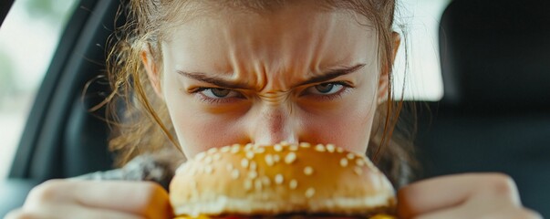 Young woman aggressively eyeing a burger in car