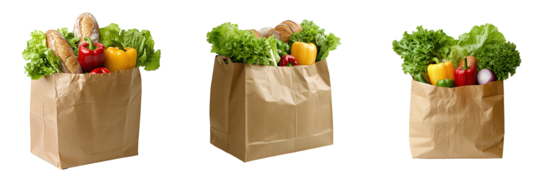 Three brown paper grocery bags overflowing with fresh produce.