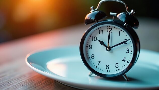Close-up of empty plate, clock showing fasting time, time, health