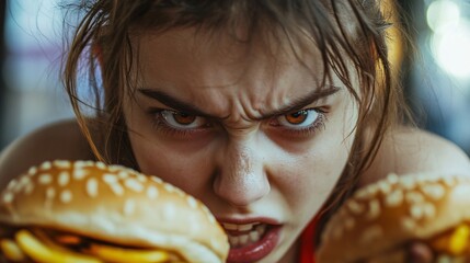 Naklejka premium Young woman showing an aggressive attitude with two burgers