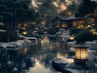 Fototapeta premium A serene Japanese garden at dusk with lanterns, water, and lush greenery.