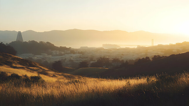 A serene landscape at sunset featuring rolling hills and a distant bridge.
