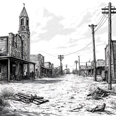 Deserted Western Town Street Scene A Pen and Ink Illustration of a Ghost Town.