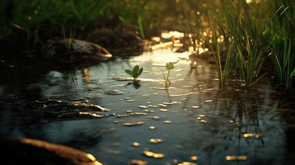 Obraz premium Streambed Plants at Sunset, tranquil nature