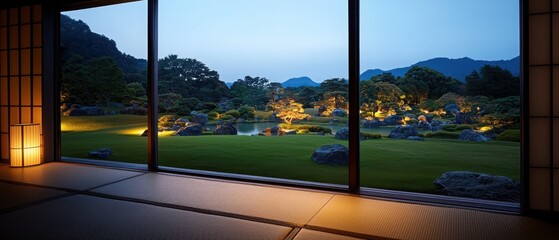 Tranquil garden view through a traditional window at dusk, highlighting nature's beauty.