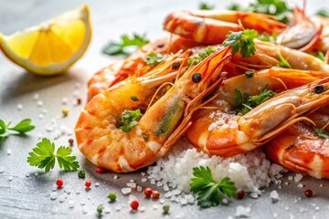 Delicious Crispy Fried Salt Shrimps on White Background - Stock Photo