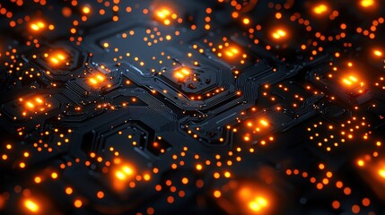 Obraz premium Abstract Technology Background with Circuit Board and Glowing Orange Lights and Dots