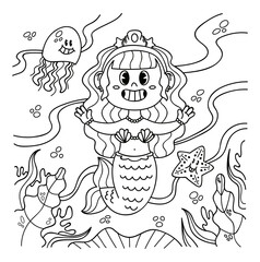 hand drawn mermaid coloring book illustration