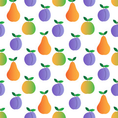 Seamless pattern apple; pear and plum. Multicolored fruits isolated on white background.